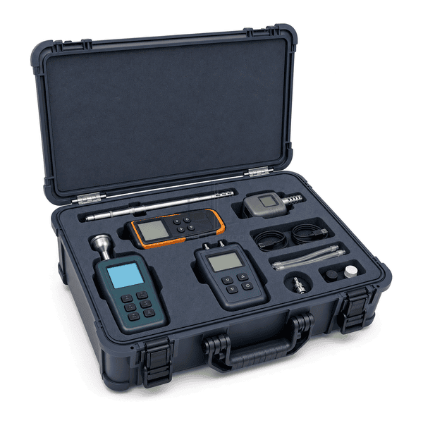 Cleanroom qualification test kit instrument-interface view showing the particle sample head, telescopic airflow probe and pressure-tube connections