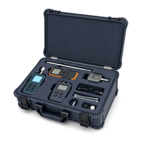 Cleanroom qualification test kit side view showing the rugged graphite-blue case, fixed hinge, handle and complete foam-held instrument set