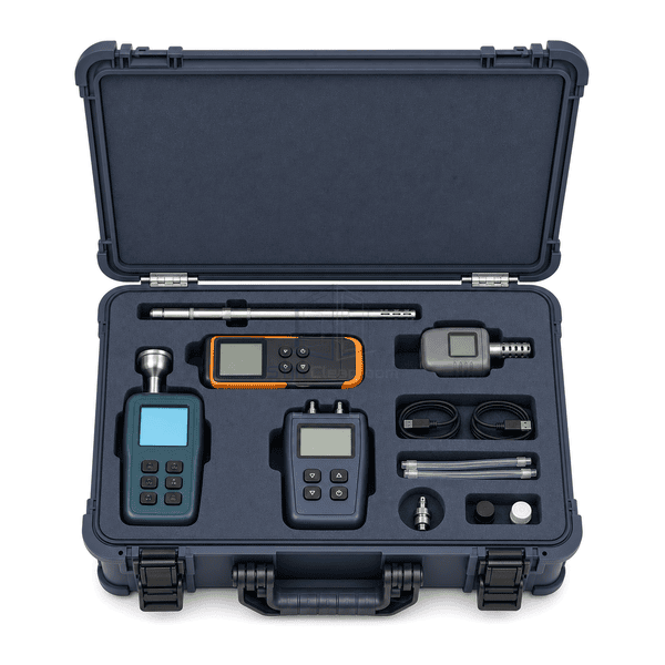 Cleanroom qualification test kit front layout showing four dedicated meters, telescopic probe, tubing and adapter slots in fitted foam
