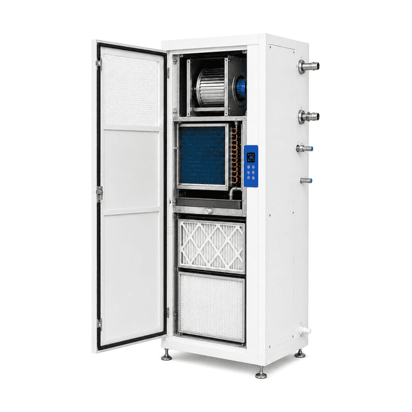 Cutaway side view showing the recirculation fan cooling coil condensate tray and HEPA filter