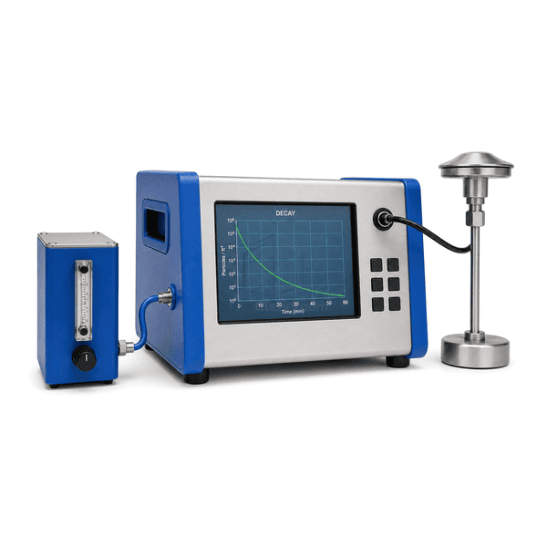 Cleanroom recovery test system sampling-challenge interface view showing the black sample line, blue challenge line and stainless connections