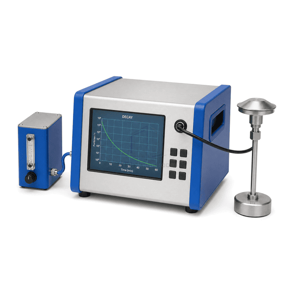 Cleanroom recovery test system side view showing the silver-gray blue enclosure, sampling tube, side handles and four support feet