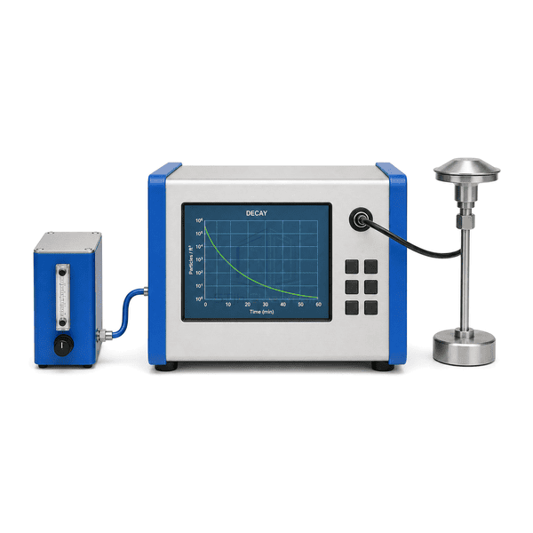 Cleanroom recovery test system front-control view showing the decay curve, six-button panel, single flowmeter and adjustment knob