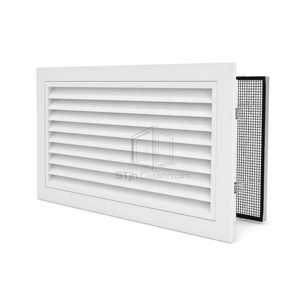 Complete long cleanroom return air grille with wall mounting frame