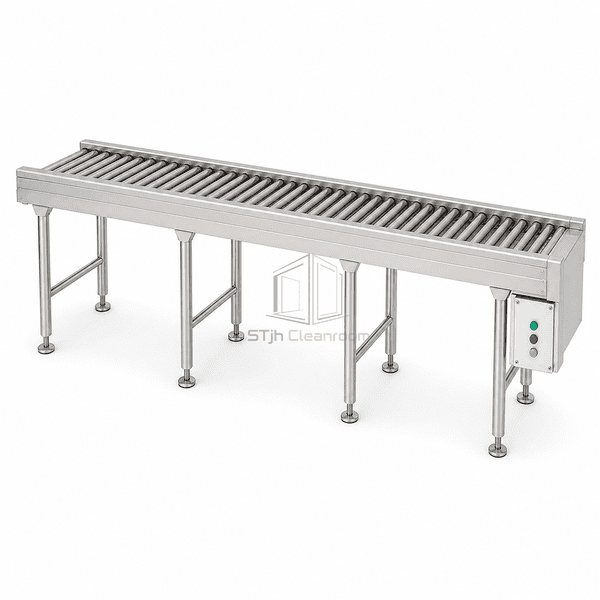 Cleanroom roller conveyor in opposite rear three-quarter perspective