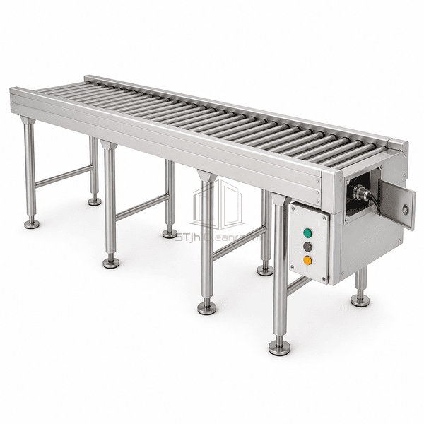 Complete cleanroom conveyor with opened sealed drive service cover