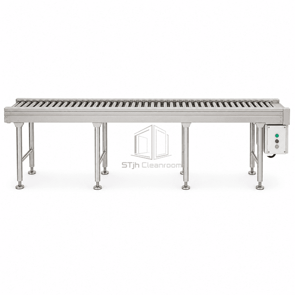 Stainless roller conveyor in complete left-side profile