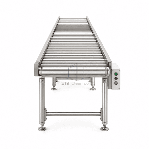Cleanroom roller conveyor viewed lengthwise from the discharge end