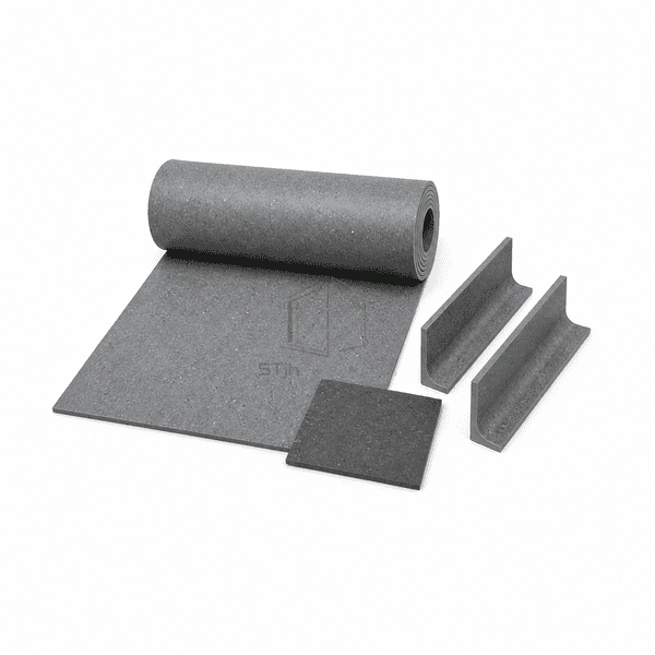 Neutral gray rubber sheet roll with two cove profiles and a darker sample swatch