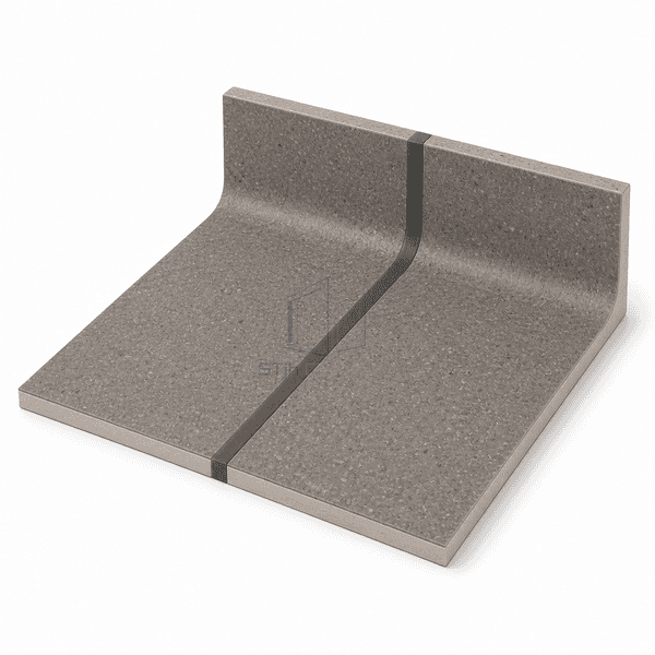 Warm-gray rubber flooring coupons with a dark sealed cove joint