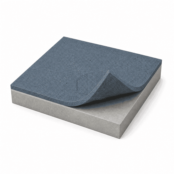 Lifted dusty blue-gray rubber flooring sheet over a mineral substrate