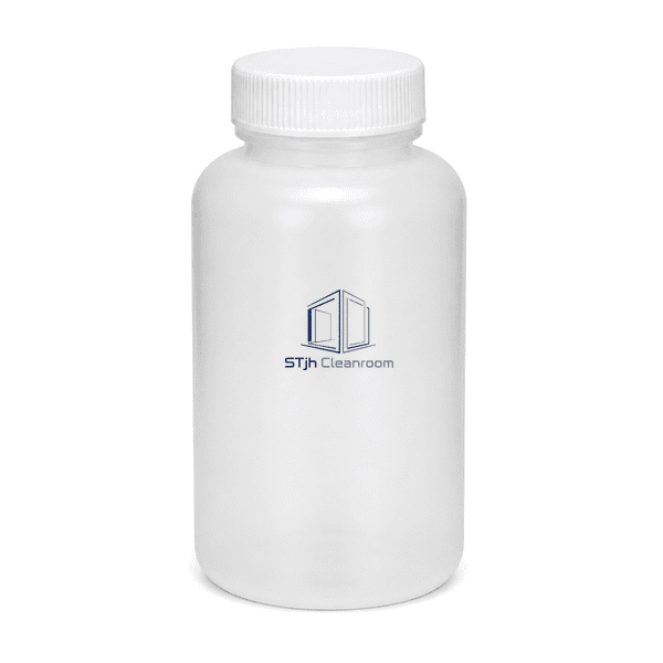 Wide-mouth cleanroom sample bottle standing upright with white cap