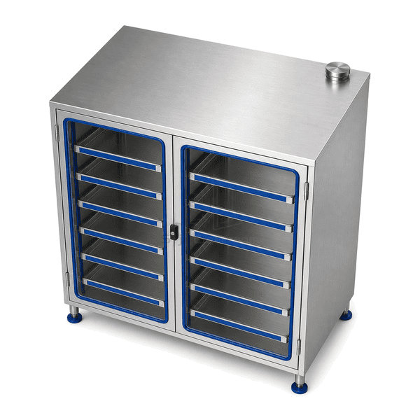 Elevated view of stainless sample cabinet and capped ventilation port