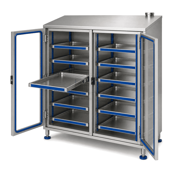 Open sample cabinet showing removable rimmed tray guide label rail and door seal