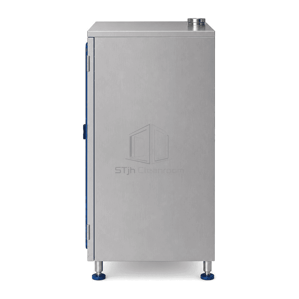 Side view showing cleanroom sample cabinet depth and tray guides