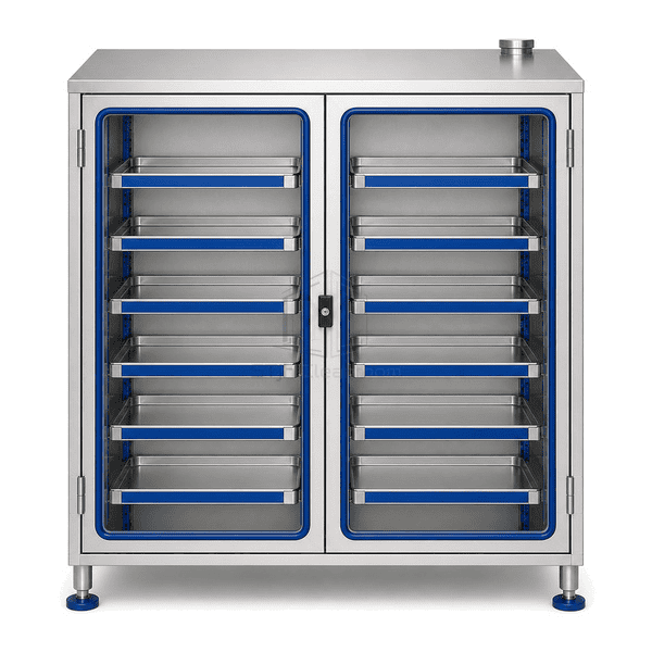 Front view of lockable stainless sample storage cabinet