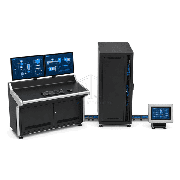 Wide view of dual operator monitors beside the cleanroom SCADA cabinet