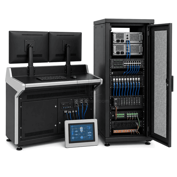 Rear three-quarter view of the entire SCADA cabinet with managed Ethernet switch, fiber uplink and PLC network interfaces clearly exposed