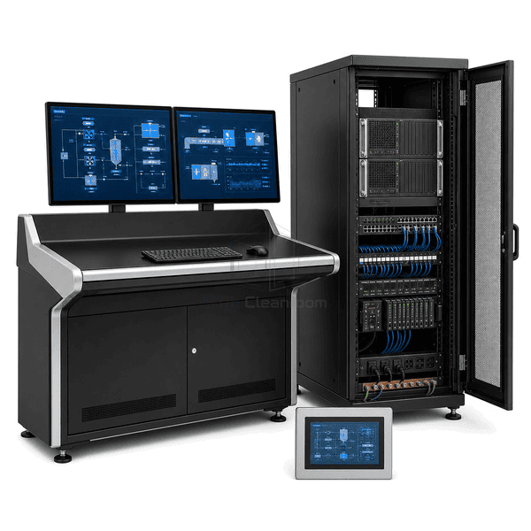 Open cabinet view showing SCADA computer, redundant power and network switches