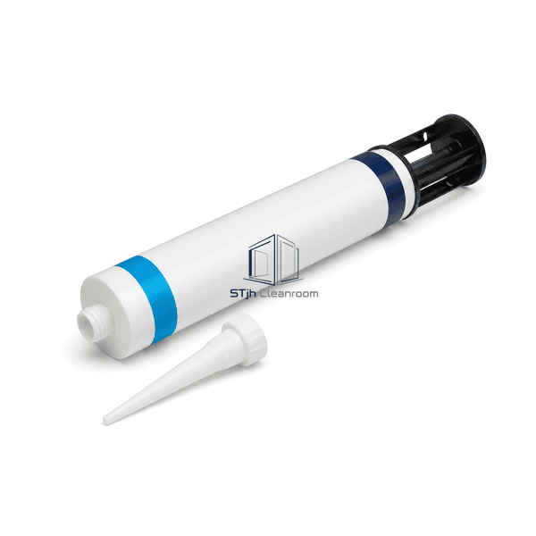 Reverse view of the cleanroom sealant cartridge with threaded outlet and rear plunger structure