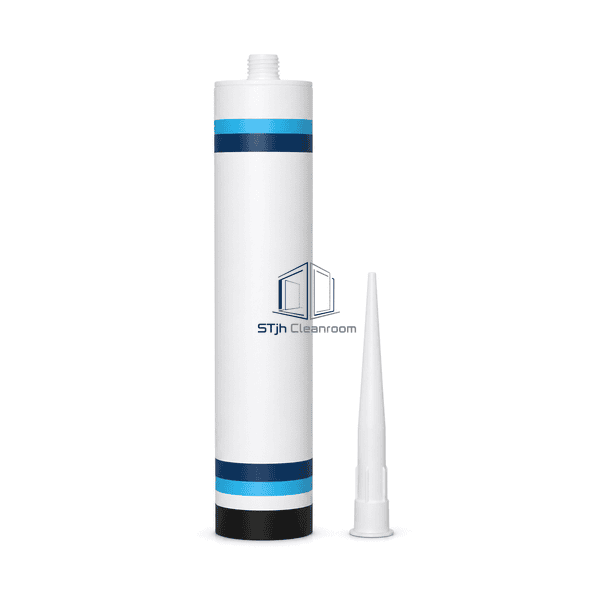 Upright front view of the cleanroom sealant cartridge and separate nozzle