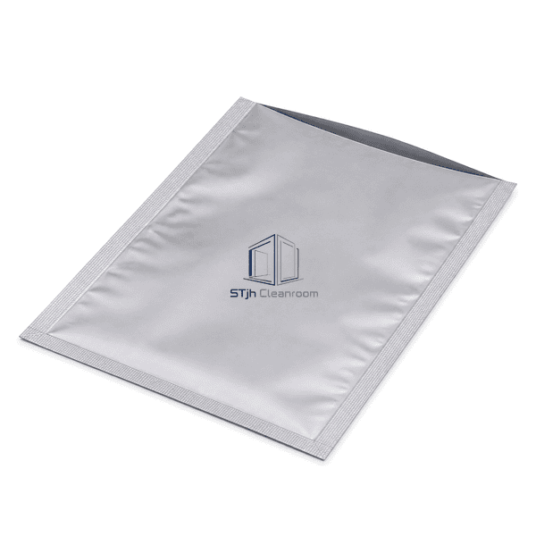 Silver ESD shielding bag laid flat with complete rectangular outline