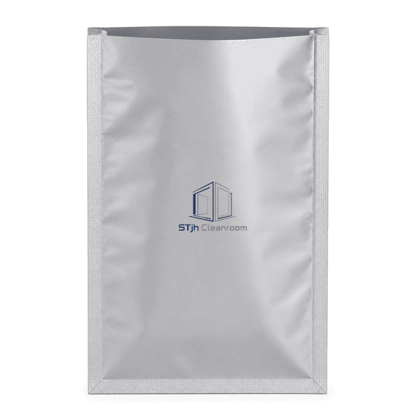 Metalized cleanroom shielding pouch standing upright with sealed edges visible