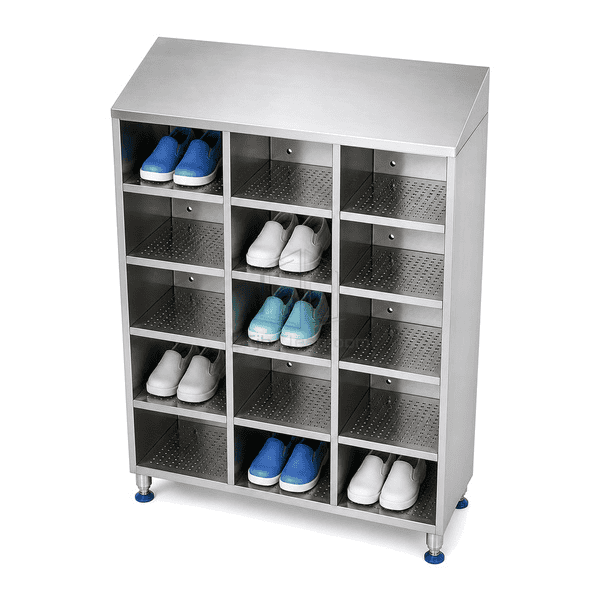 Elevated view of cleanroom shoe cabinet and pitched stainless roof