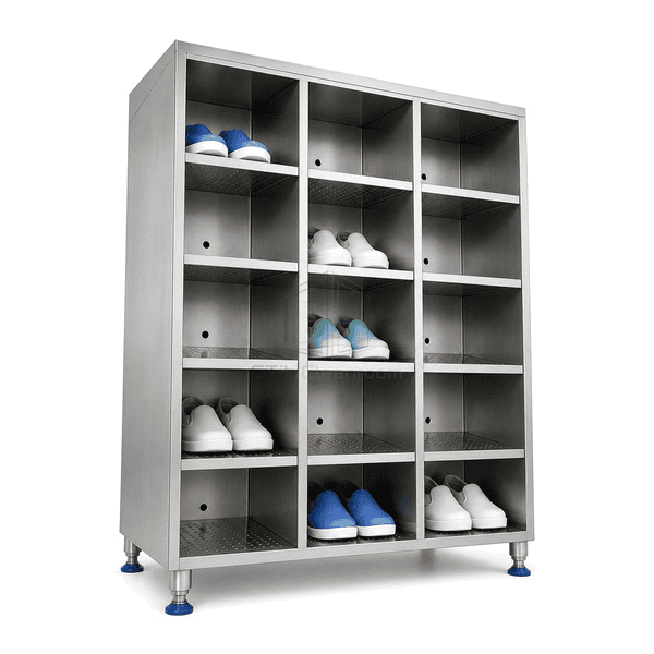 Shoe cabinet compartment showing folded shelf drainage opening and divider seam