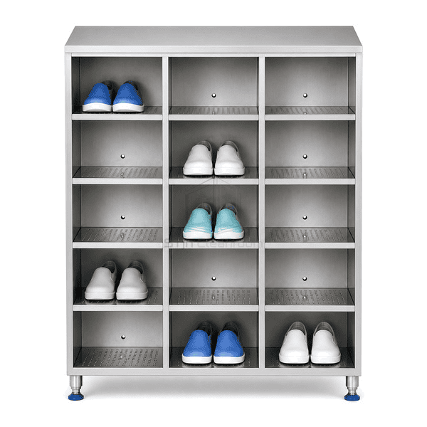 Front view of open cleanroom shoe cabinet with fifteen cells