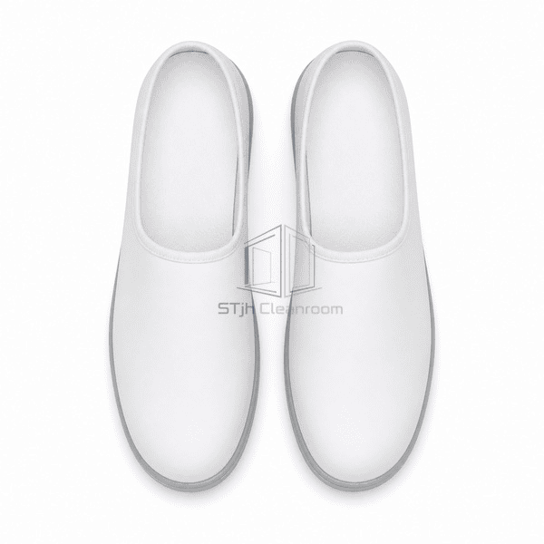 Top view of lace-free cleanroom shoe openings and insoles