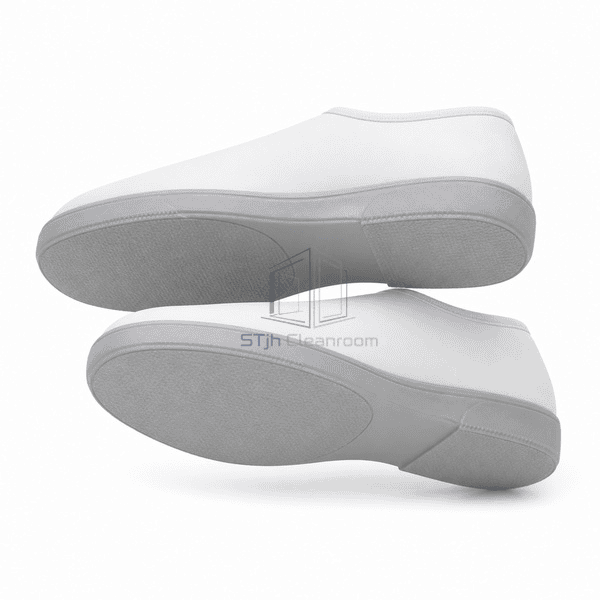 Cleanroom shoe pair displaying light-gray textured outsoles
