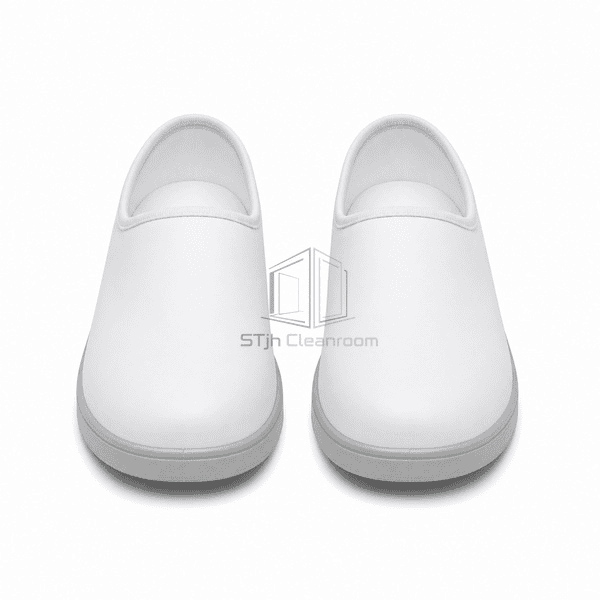 White cleanroom shoes showing smooth enclosed toe boxes