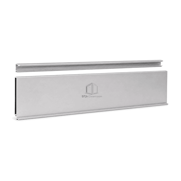 Complete horizontal view of a 100 mm cleanroom skirting profile and concealed fixing rail