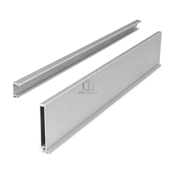 End-section view of flat aluminium cleanroom skirting and the separate rear clip engagement profile