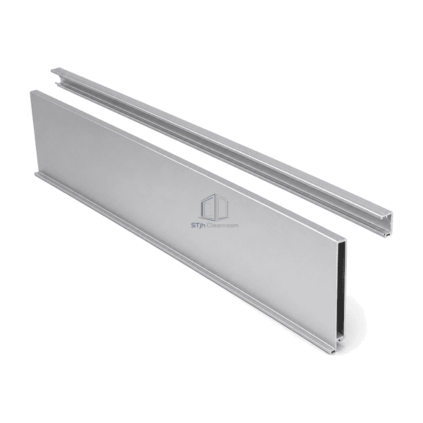 Rear-side view showing the straight skirting face and continuous aluminium clip carrier