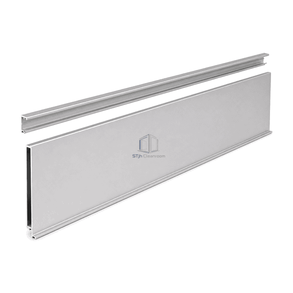 Near-front view of matte anodized cleanroom skirting with its parallel rear mounting rail