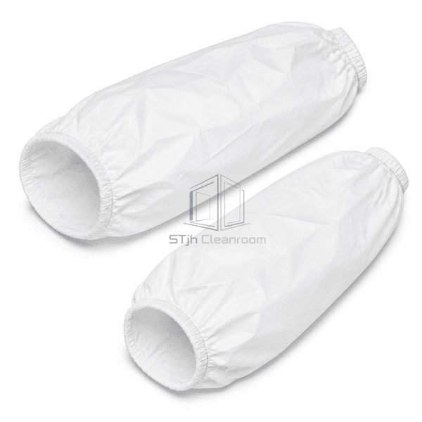Cleanroom sleeve cover close view showing elasticated wrist and upper openings