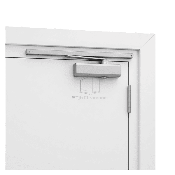 Slide-channel closer installed across a cleanroom door header