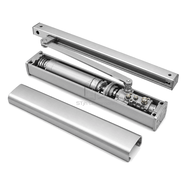 Opened door closer showing rack pinion and hydraulic valves