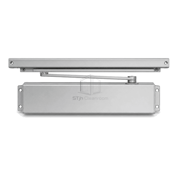 Front view of a compact cleanroom overhead door closer