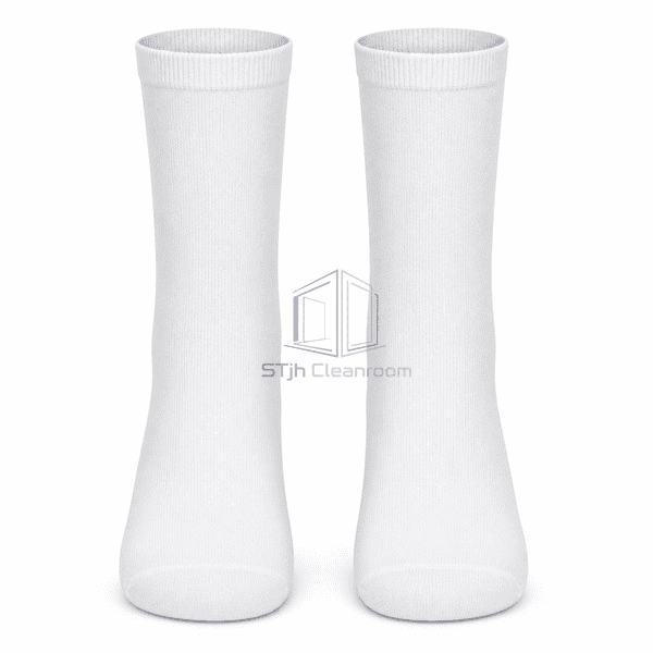 White polyester cleanroom socks showing ribbed elastic welts