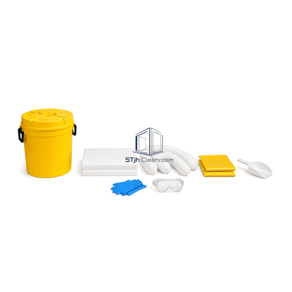 Complete horizontal arrangement of low-lint absorbents, PPE and disposal bags from the spill kit