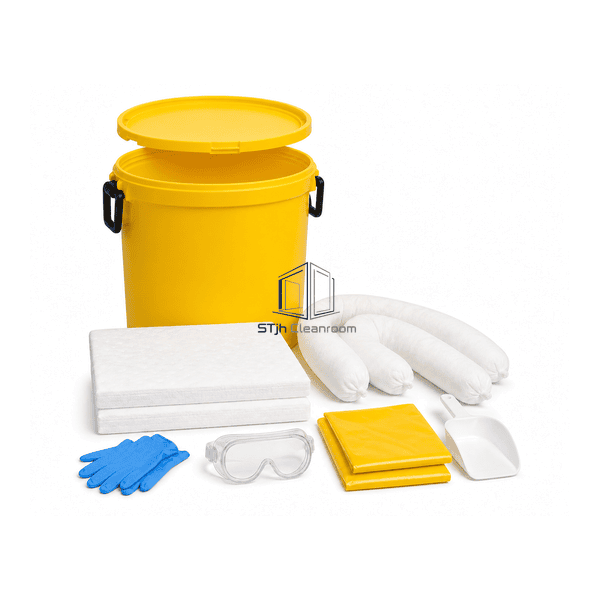 Complete open-container view of the cleanroom spill kit showing segregated sealed response components