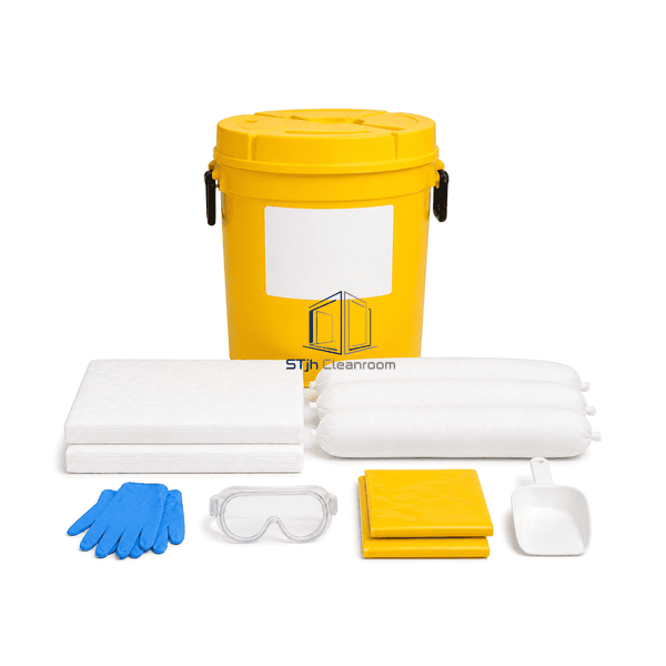 Front view of the cleanroom spill response container with clear kit identification