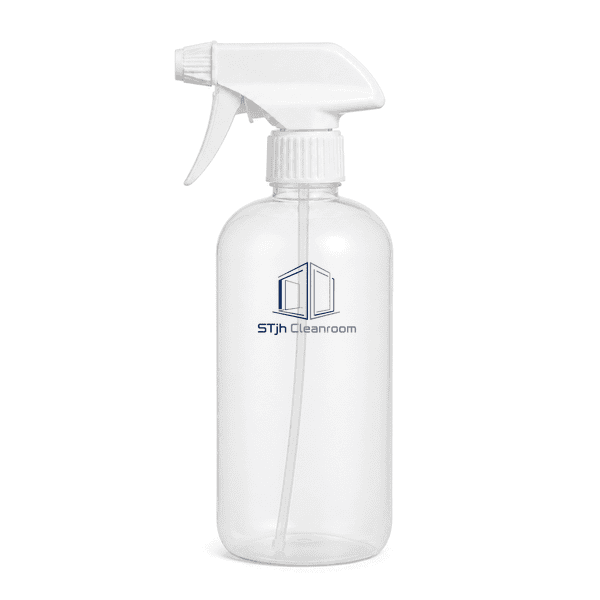 HDPE cleanroom spray bottle standing upright with nozzle facing forward