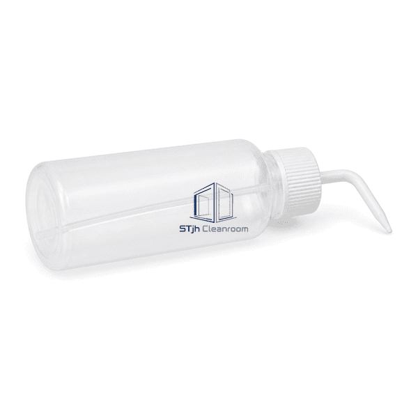 Cleanroom squeeze bottle laid horizontally with complete nozzle and body