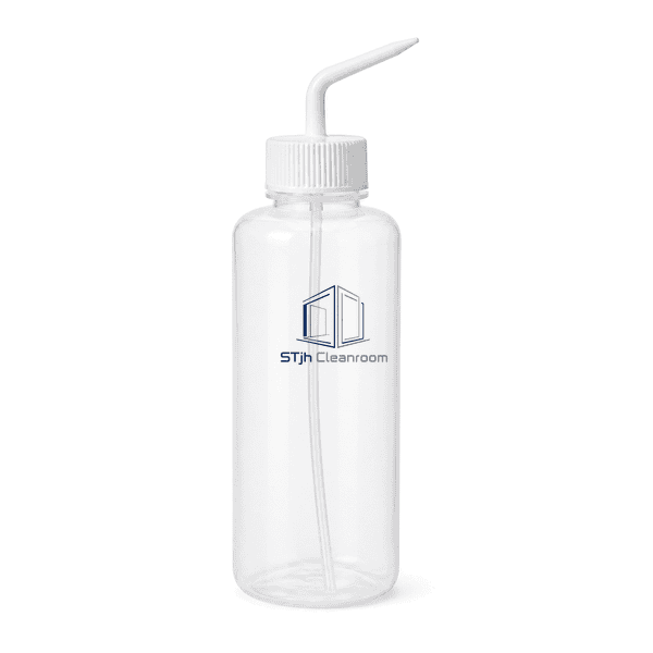 Cleanroom wash bottle standing upright with bent nozzle visible