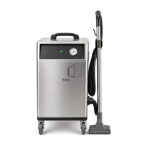Front view of stainless steam cleaner controls and hose