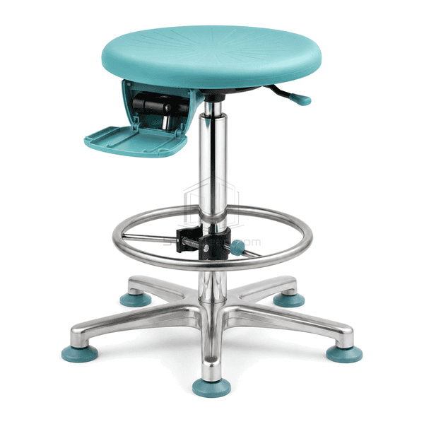 Cleanroom stool connection showing seat actuator gas-lift socket and footring clamp
